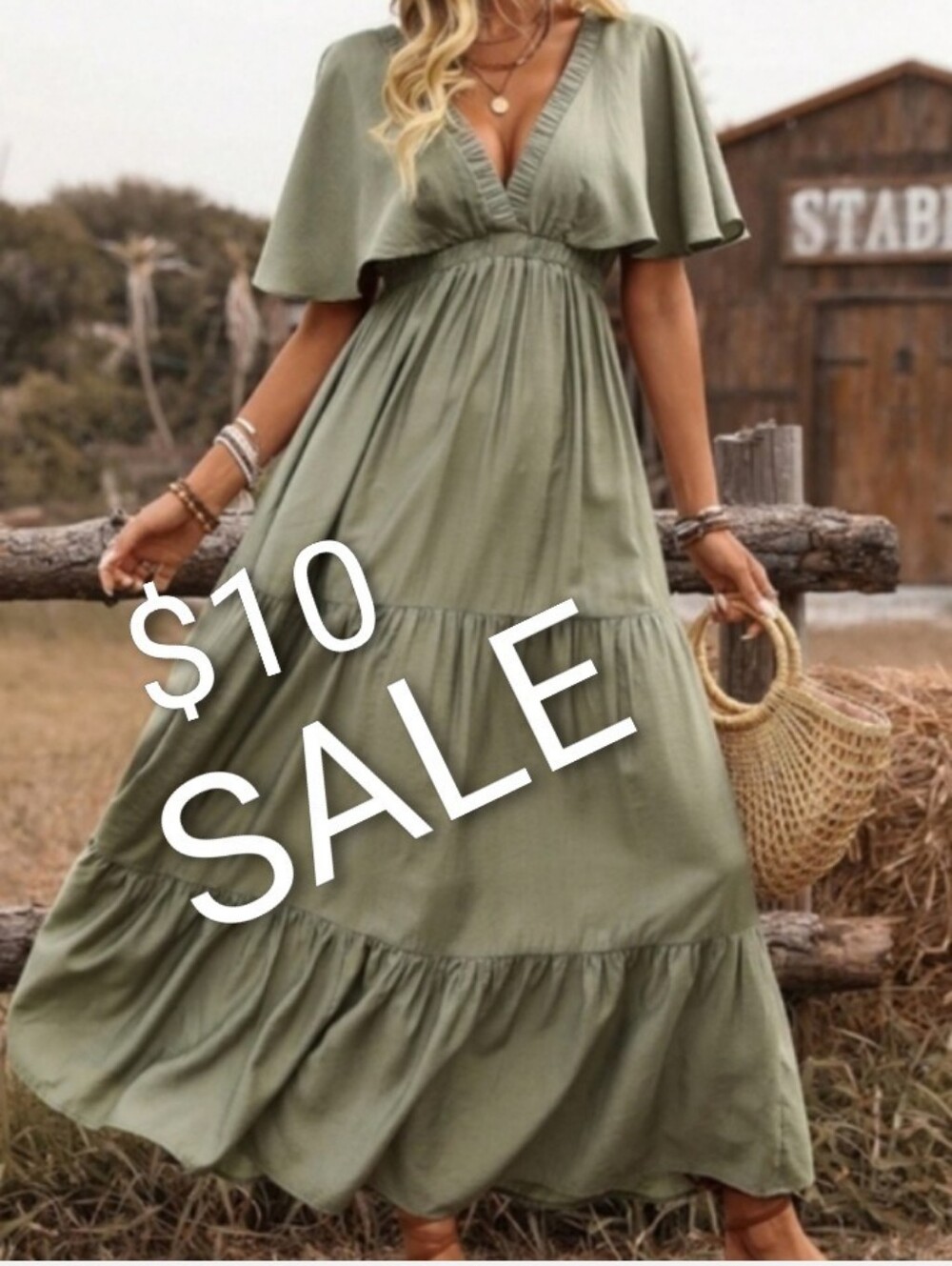 Women's Maxi Dress in Sage Green - Flowy V-Neck Design